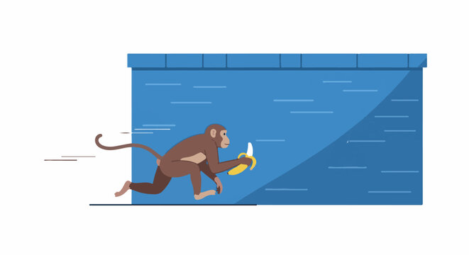 A monkey with a banana runs past a blue wall with subtle lines