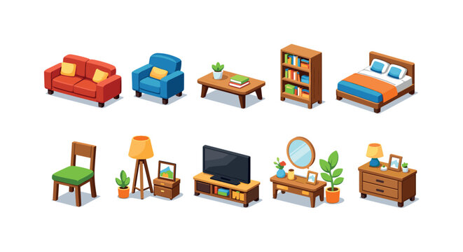 Collection of isometric cartoon furniture for interior design and home decoration