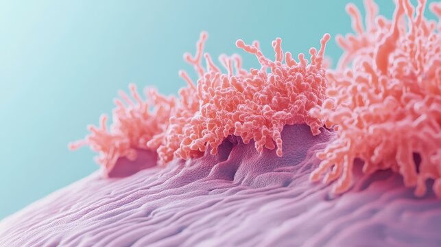 Microscopic view of delicate pink cell structures with branching filaments on a textured purple surface against a soft blue background, representing cellular biology and nanotechnology.