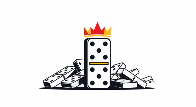 A tall domino with a crown sits on a pile of other dominos