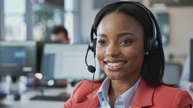 Customer service representative helps clients at a call center during working hours while maintaining a friendly smile and good communication