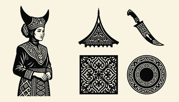 Traditional Minangkabau woman and cultural heritage symbols in monochrome woodcut style