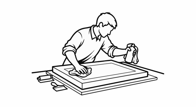 Person cleaning a framed surface with a spray bottle and cloth