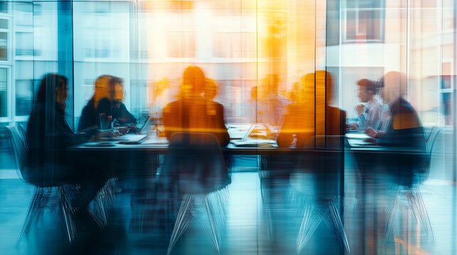 A group of business professionals sitting around a conference table in a modern office with a blurred effect