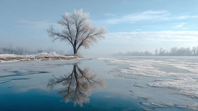 A solitary tree, adorned with delicate frost, stands sentinel over a tranquil, ice-covered lake, its reflection mirrored in the clear, icy water, painting a serene winter landscape.