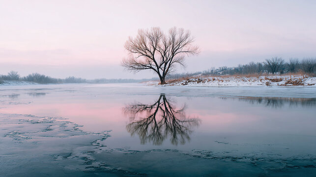 A serene winter landscape reflecting the bare branches of a tree in a still lake, captured at dawn, evoking feelings of peace.