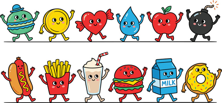 cute cartoon character mega set with walking fast food items snacks apple candy heart milk carton coin and bomb vector illustration collection