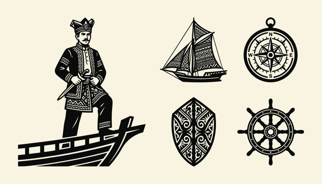 Bugis Pinisi and Traditional Maritime Seafaring Woodcut Icons for Cultural Heritage