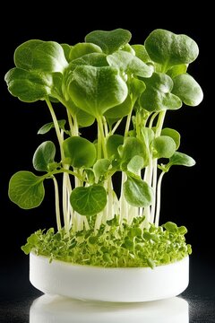 Tiny green sprouts growing from a white circular surface with a dark background, showcasing plant life science.