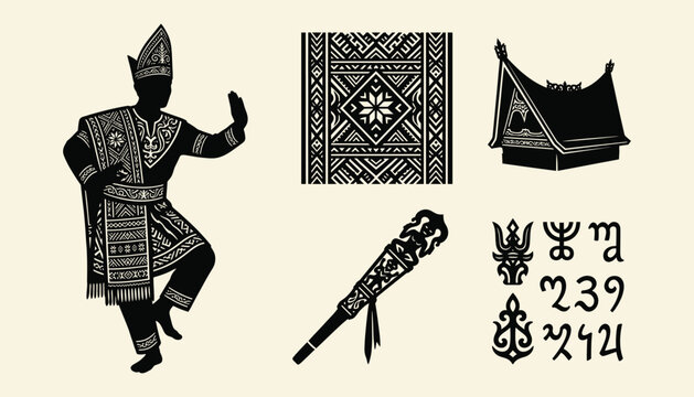 Batak Toba cultural silhouette set featuring traditional dancer and heritage icons