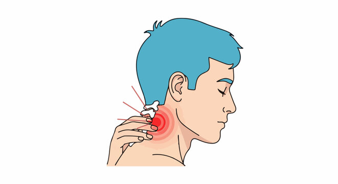 Person with blue hair experiencing neck pain and discomfort