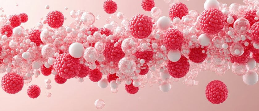 Microscopic red spheres and white orbs float and cluster, suggesting nanotechnology and molecular structures in abstract motion.
