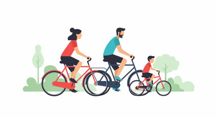 Fototapeta premium A family of three enjoys a sunny day cycling through a park