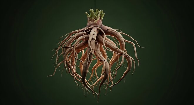 An intricate 3d render of a butea superba root tuber with a fresh green sprout at its apex, isolated on a dark background, perfect for herbal supplement and botanical concepts.
