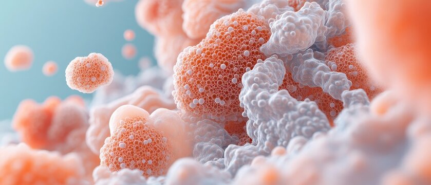 Microscopic view of nanoscale structures, organic materials, scientific research, cellular formations, abstract biological patterns, advanced materials science.