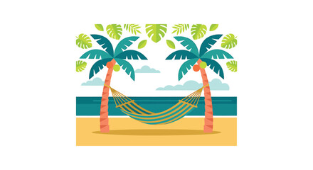 Fototapeta premium Tropical beach scene, palm trees, hammock on sand, summer vacation, vector illustration