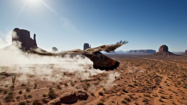 Majestic eagle soaring majestically through a vast, dusty desert landscape under a brilliant and warm sun, capturing the wild spirit of the American Southwest with epic aerial adventure