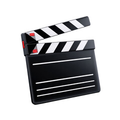 Fototapeta premium Glossy, three-dimensional representation of a filmmaking tool with striped top and blank slate. Red accents enhance