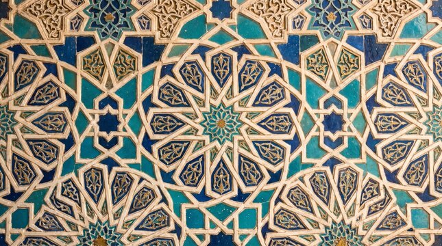 Intricate islamic geometric pattern with blue gold and brown shapes