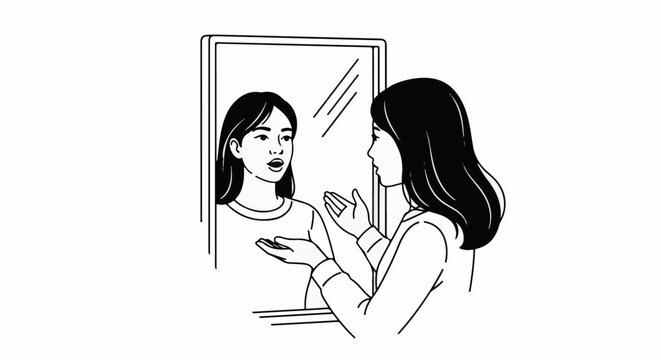 Woman in profile speaking to her reflection in a mirror