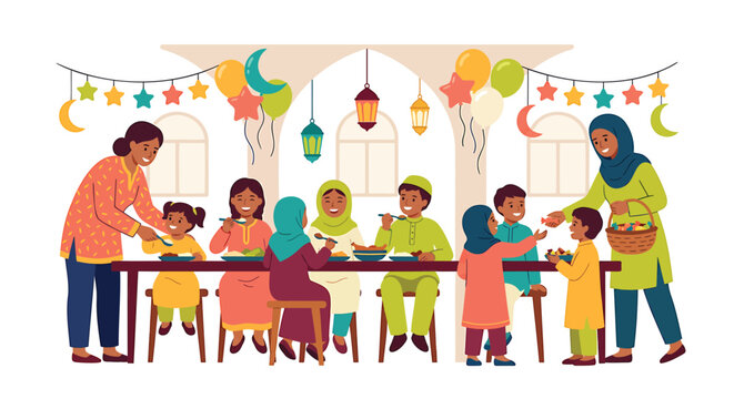 Diverse family, kids eating, Ramadan celebration, festive meal, Islamic holiday, vector illustration
