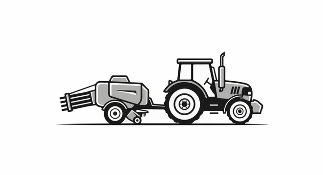 A black and white side profile illustration of a farm tractor with attached baler