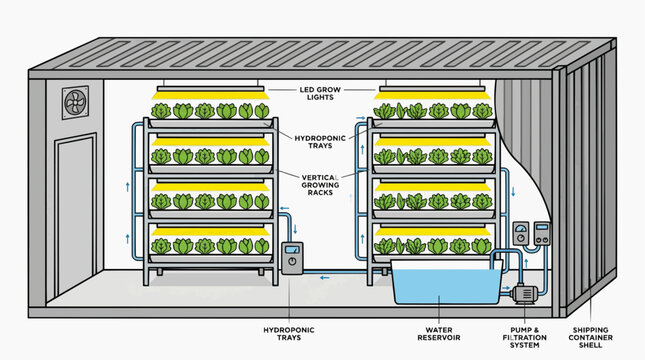 Hydroponic vertical farming system inside a shipping container for efficient urban agriculture