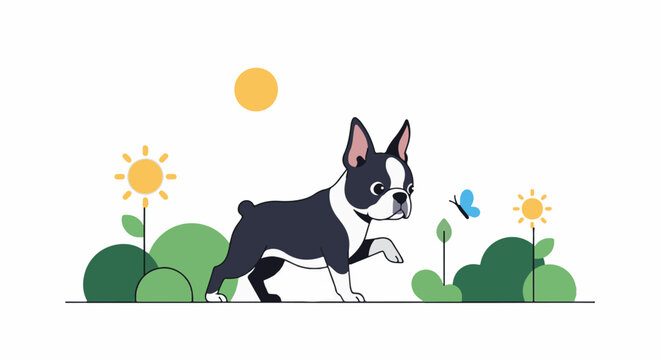 A playful dog with a butterfly and sun among green foliage