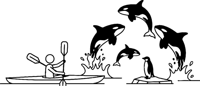 Person kayaking near jumping orcas and penguin on ice