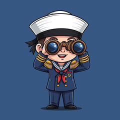 Cartoon Sailor Boy Looking Through Binoculars.