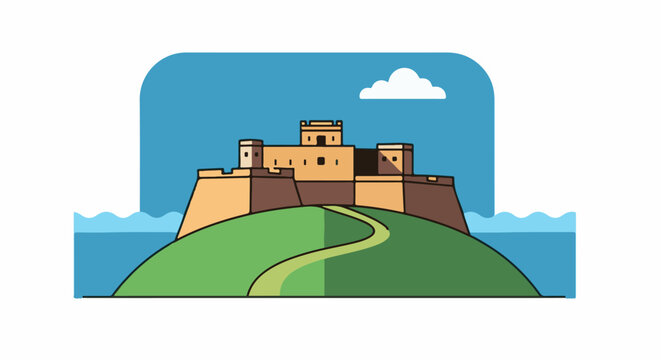 A fortified castle stands proudly atop a grassy hill overlooking the sea