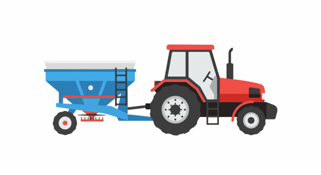 A red tractor pulls a blue fertilizer spreader with a white top