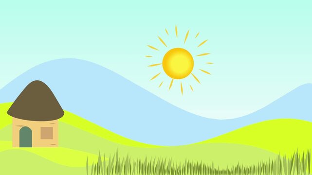 sunrise animation with a small rural house sits nestled among green rolling hills, white daisy flowers bloom and fluffy white clouds drift gently across a blue sky