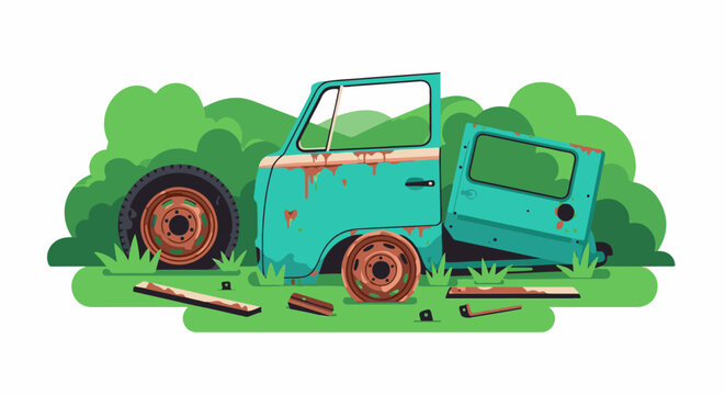 A dilapidated turquoise vehicle lies abandoned amidst lush green foliage and grass