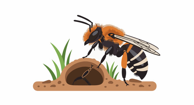 A fuzzy bee hovers over a small hole in the ground with grass