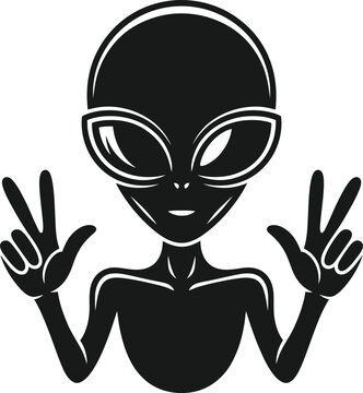 Alien silhouette showing peace signs, cool extraterrestrial character mascot icon, sci-fi visitor illustration isolated on white background