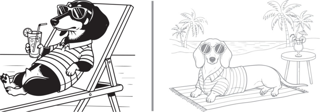 Dachshund dog cartoon vector illustrations on summer vacation. Featuring a dog in sunglasses and a striped shirt relaxing on a beach chair and towel. Ideal for coloring books and humorous pet-related