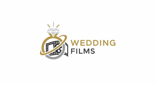 A golden ring with a diamond cradles a film reel, symbolizing wedding videography