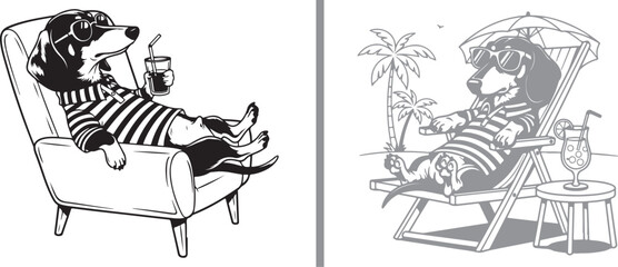 Dachshund dog vector illustrations relaxing in lounge chairs with drinks and sunglasses. Ideal for summer vacation themes and humorous pet lifestyle graphics © Muhammad