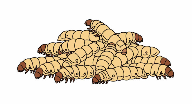 A pile of cartoonish light brown grubs with dark brown heads and simple faces