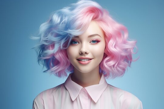 Young woman with striking pink and blue wavy hair smiling at the camera