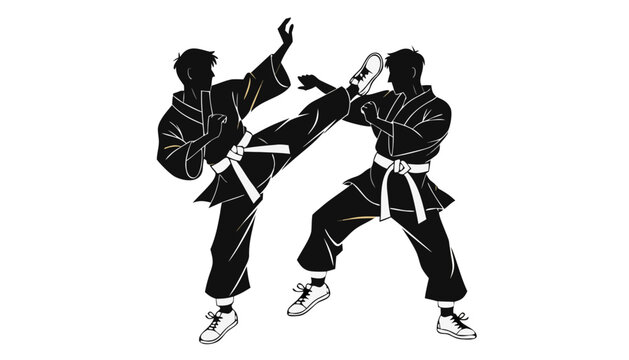Two karate fighters sparring isolated on a white background for sports design templates.