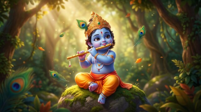 Baby krishna flute player hindu god indian mythology divine child godhead art