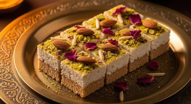 Delicious layered indian sweet dessert barfi garnished with almonds, pistachios, and rose petals on a golden plate
