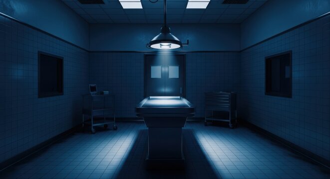 Empty morgue or operating room with a metal autopsy table under a bright surgical light in a dark, sterile environment