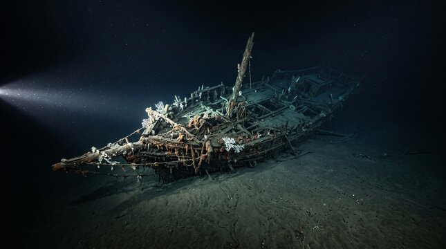 An old shipwreck lies on the ocean floor with a beam of light shining on it in the dark water.