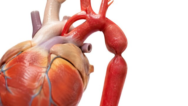 Human heart anatomy with aortic coarctation or narrowing of the aorta artery, medical 3D illustration on white background.