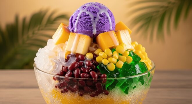 Halohalo, a popular filipino cold dessert with shaved ice, evaporated milk, ube ice cream, leche flan, and various fruits