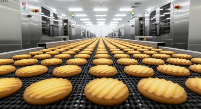 Industrial production line of cookies in a modern food factory with conveyor belt and stainless steel machinery