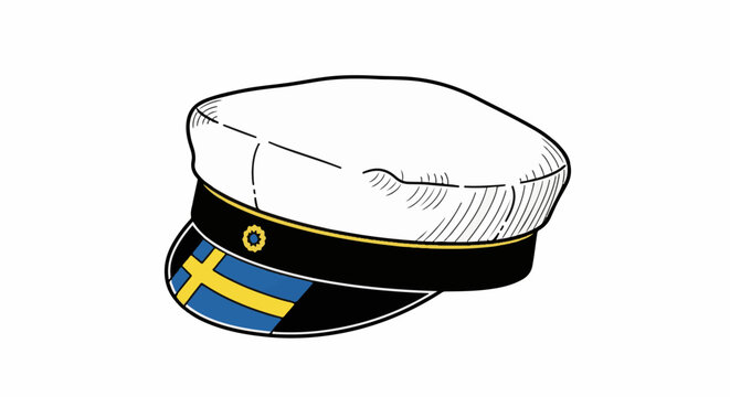 White cap with black band, yellow trim, and Swedish flag on brim